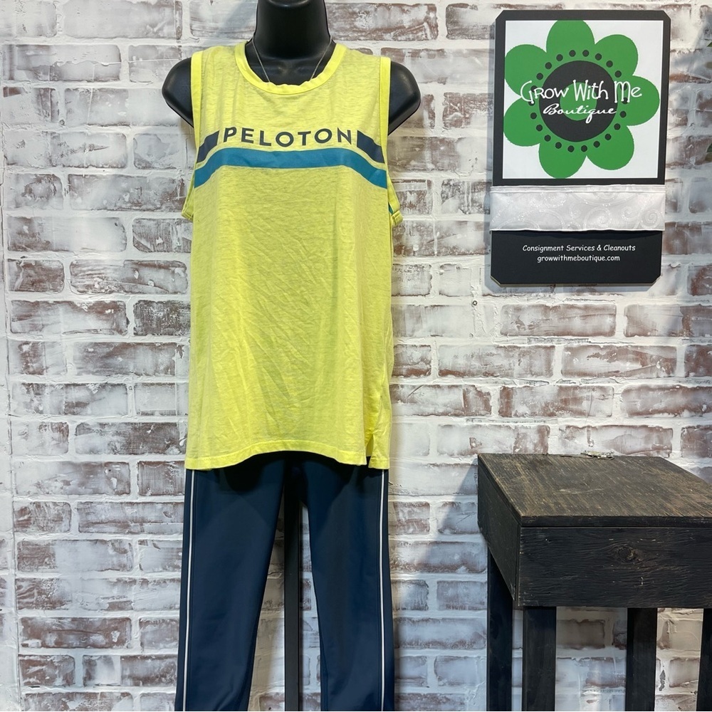 Peloton Yellow and Blue Sleeveless Top and leggings workout set medium